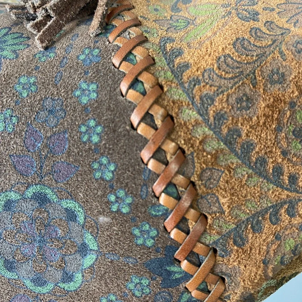 Floral Paisley Patchwork Suede Hobo Bag Tassel Whipstitch Brown Boho Bag